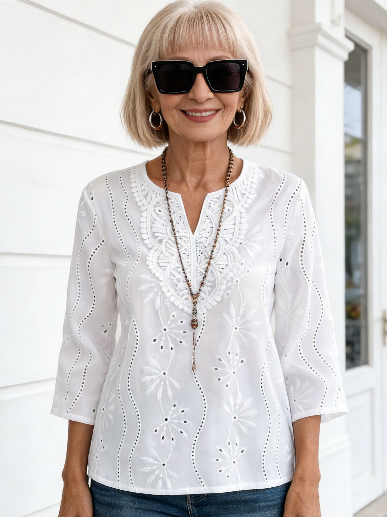 Loose V-neck Temperament Commuter Embroidered Flared Sleeve Lace Top Chiffon Shirt