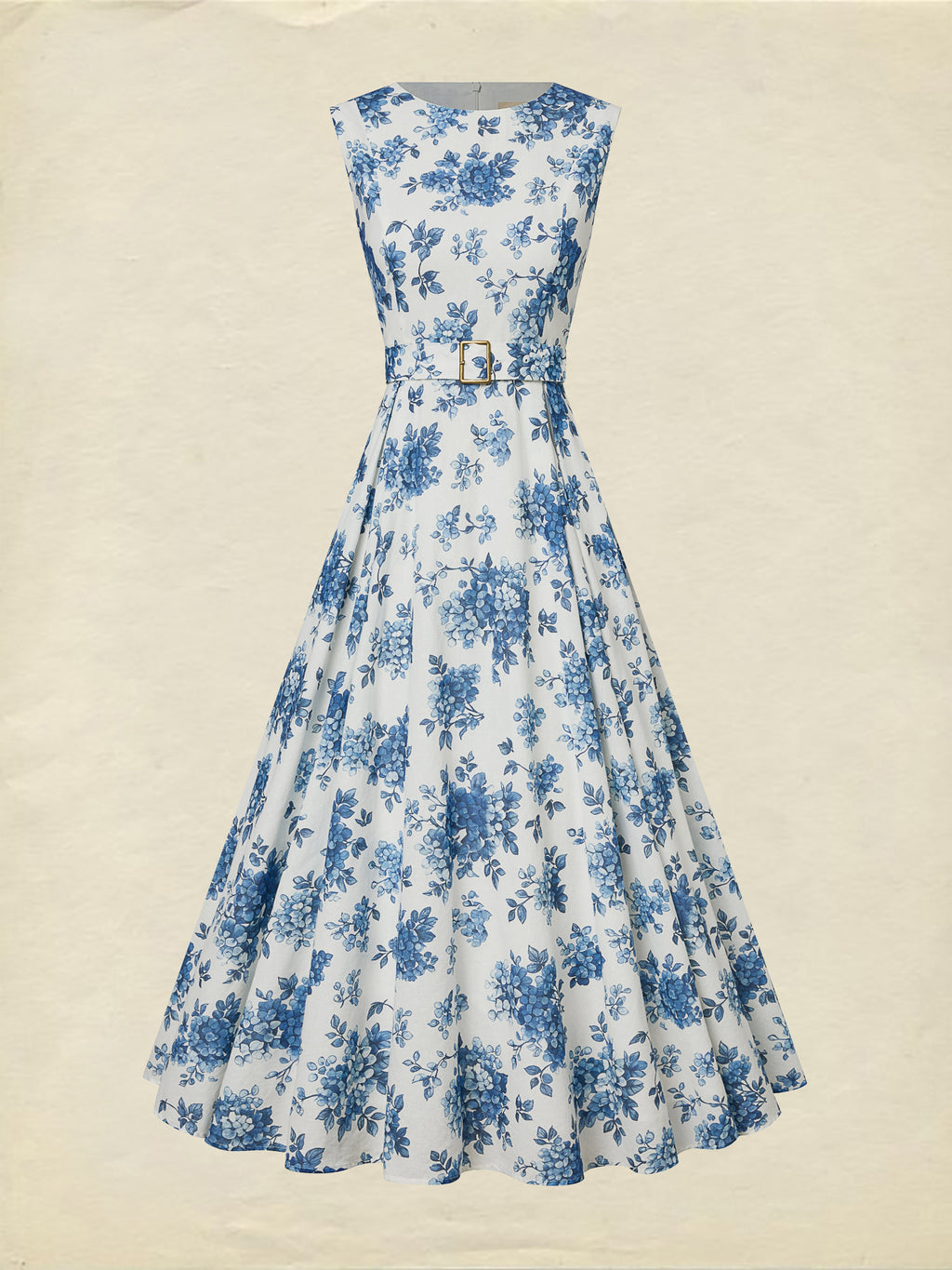 Maxi Linen Dress , Sleeveless, Round Neck, Floral, Belt Design, Vacation, Vintage, Blue