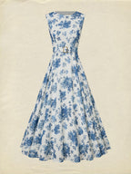 Maxi Linen Dress , Sleeveless, Round Neck, Floral, Belt Design, Vacation, Vintage, Blue