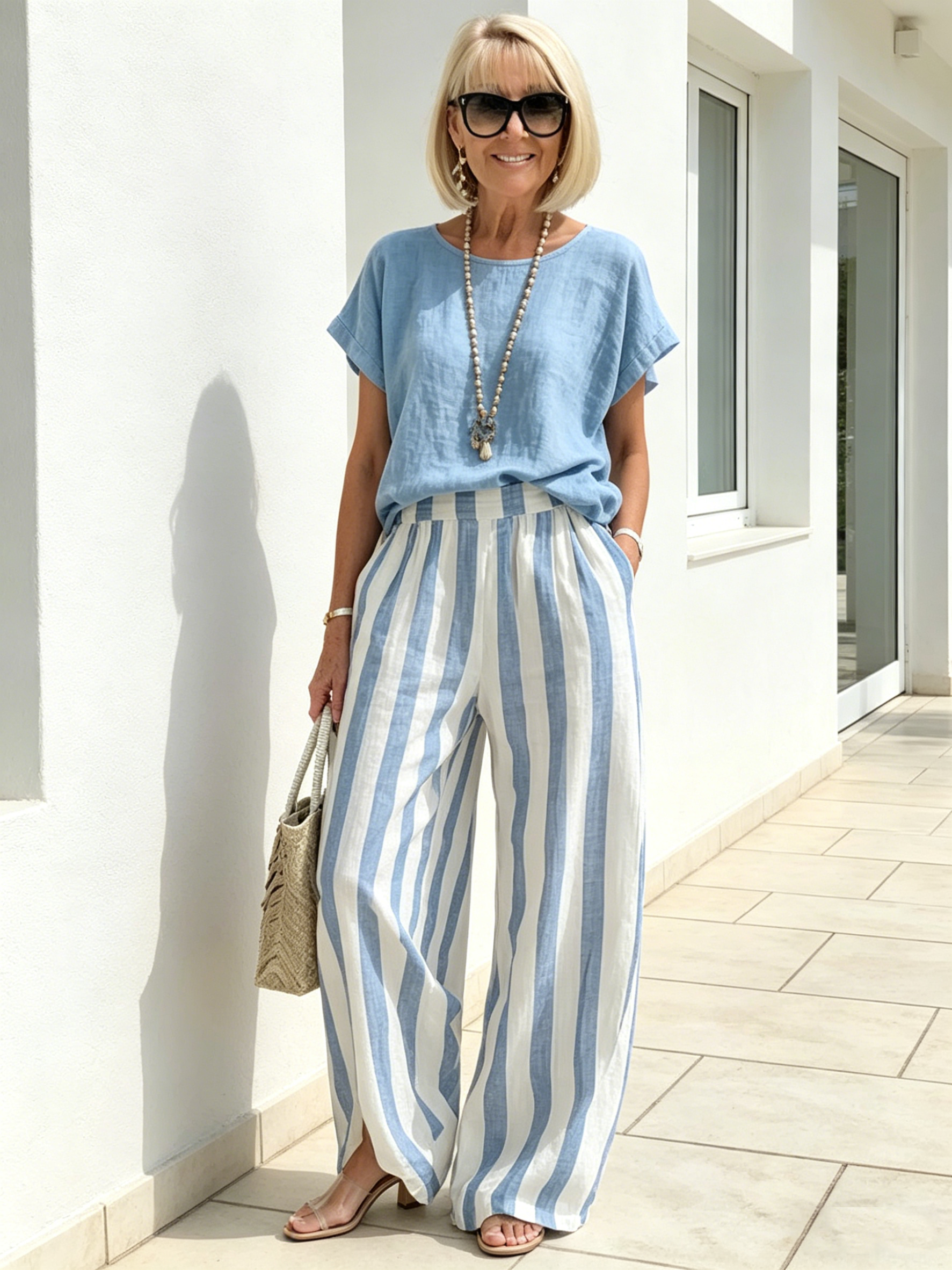 2Pcs Striped Cotton and Linen Two-piece Set
