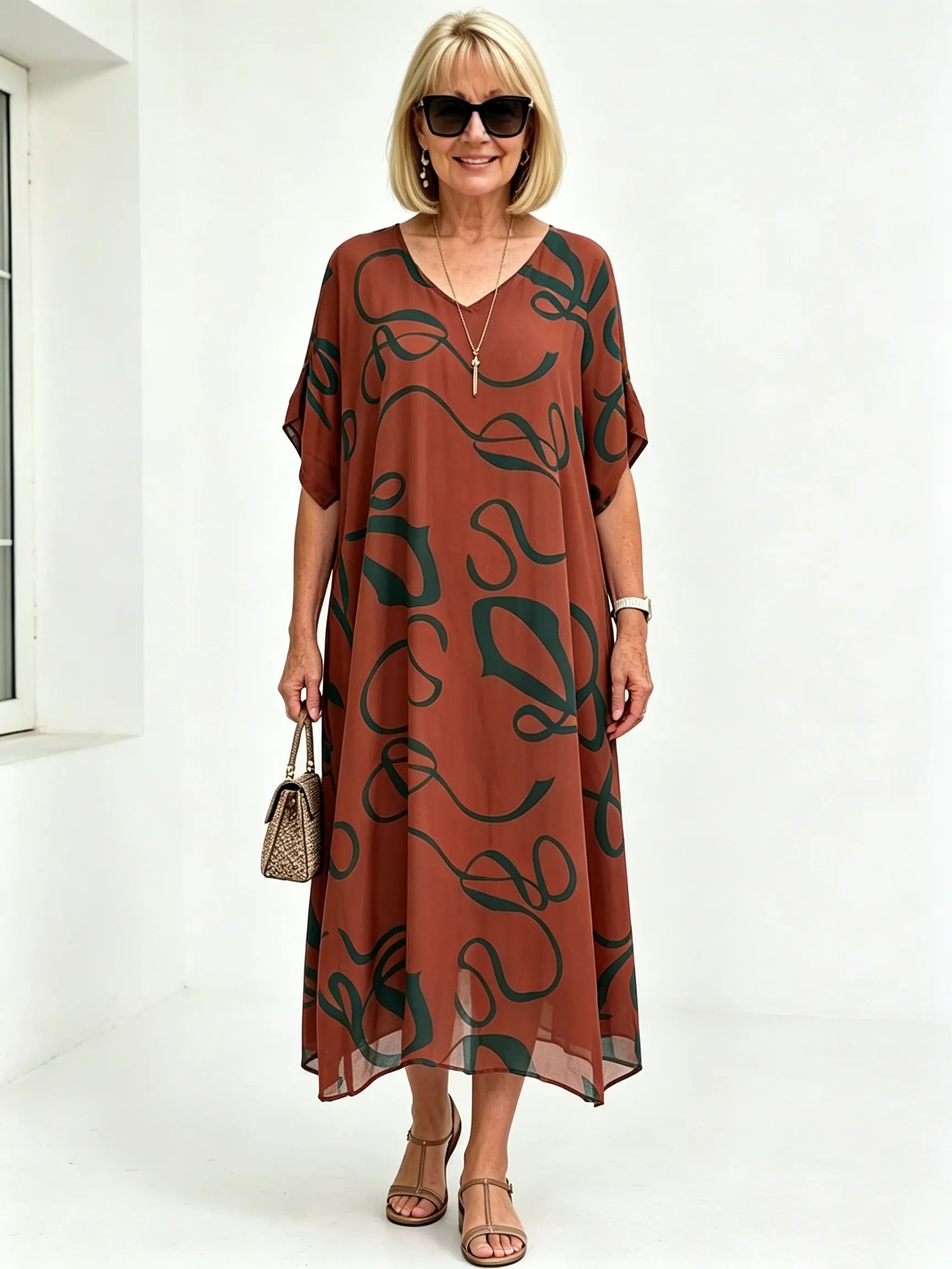 Black Abstract Print Chiffon Midi Dress, V-Neck Short Sleeve Loose Tummy Concealing Back Tie Vacation Dress for Mature Women