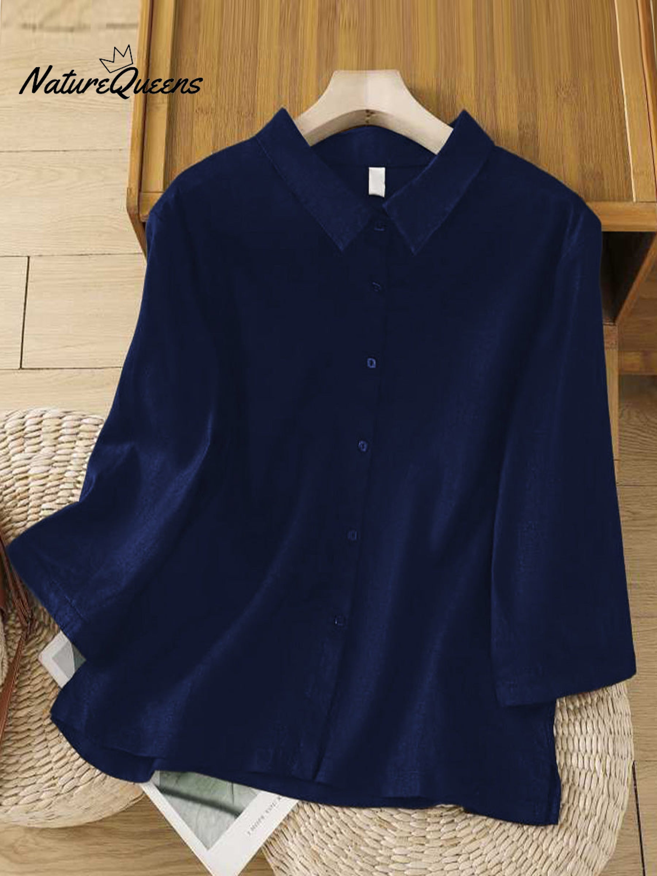 Women's  Solid Color Lapel 3/4 Sleeves Casual Linen Shirt