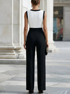 Elegant Black And White Color-Blocked Sleeveless Top And High-Waisted Wide-Leg Pants Set