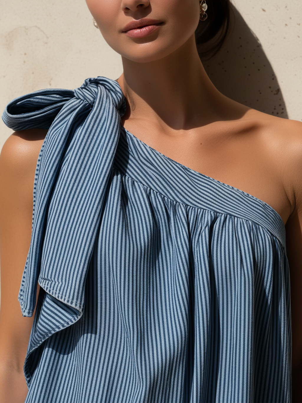 Blue Striped Denim One Shoulder Maxi Dress