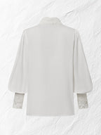 Linen Shirt, Long Sleeves, Stand Collar, Plain, Lace, Vintage, Ivory