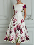 Elegant Floral Print Midi Tea Dress