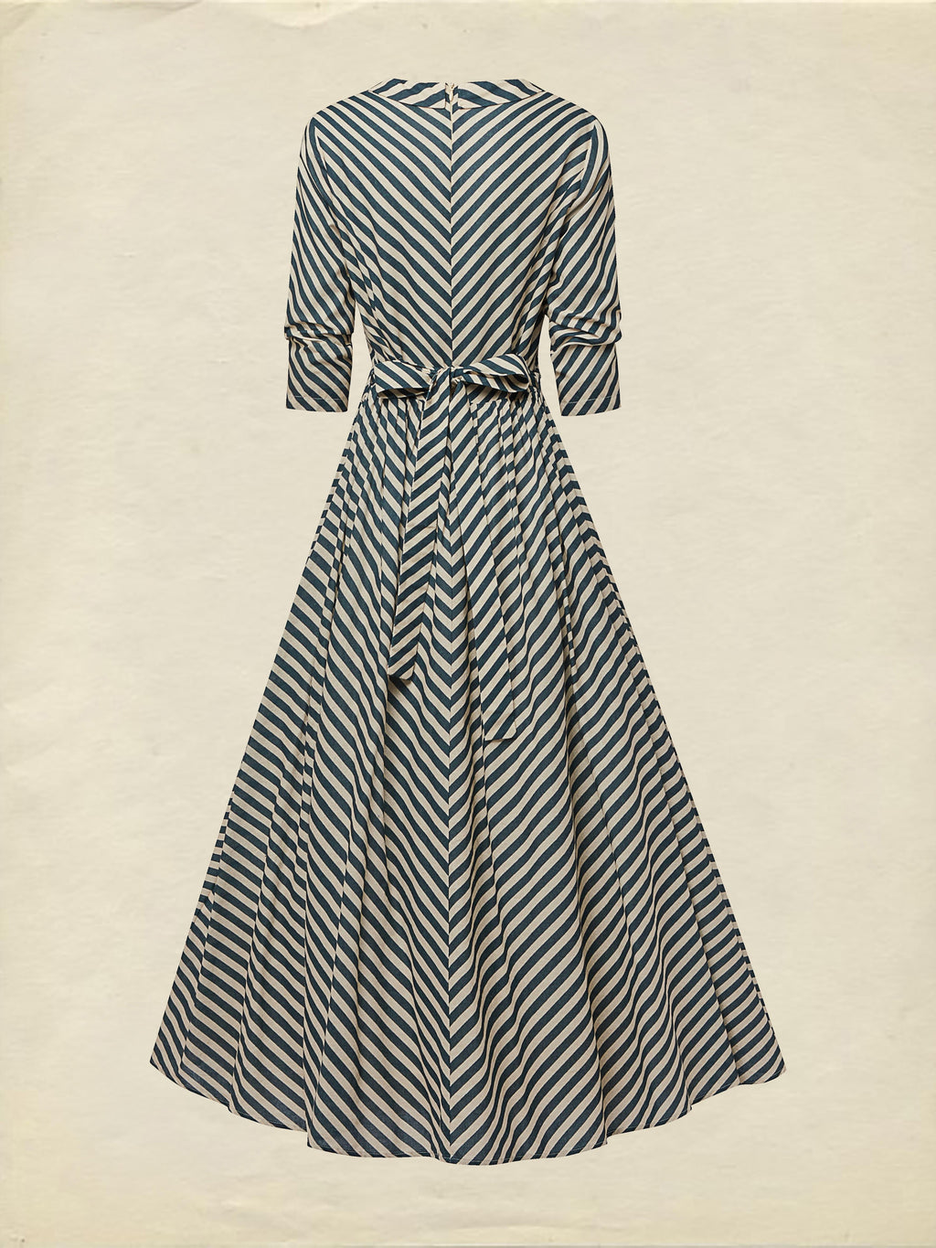 Maxi Cotton Dress, Half Sleeve, V Neck, Striped, French Vintage, Blue