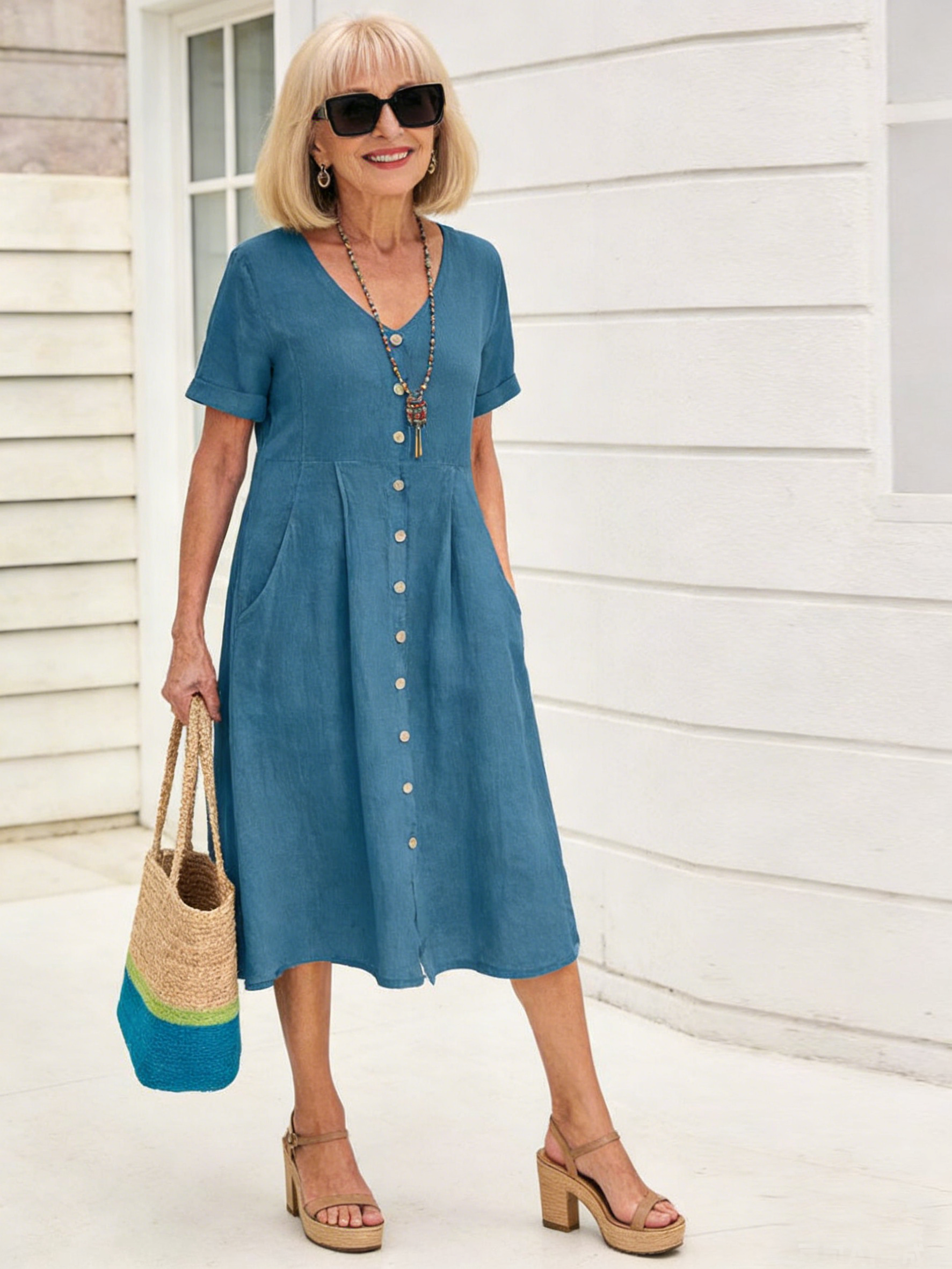 Solid Color Loose High Waist Cotton and Linen Dress