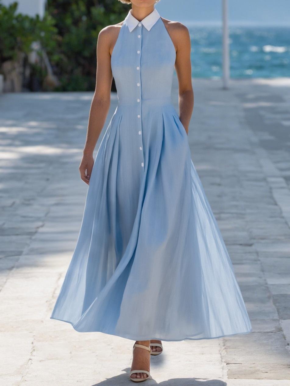 Maxi Linen Dress, Sleeveless, Shawl Collar, Plain, Button Design, Vintage, Blue