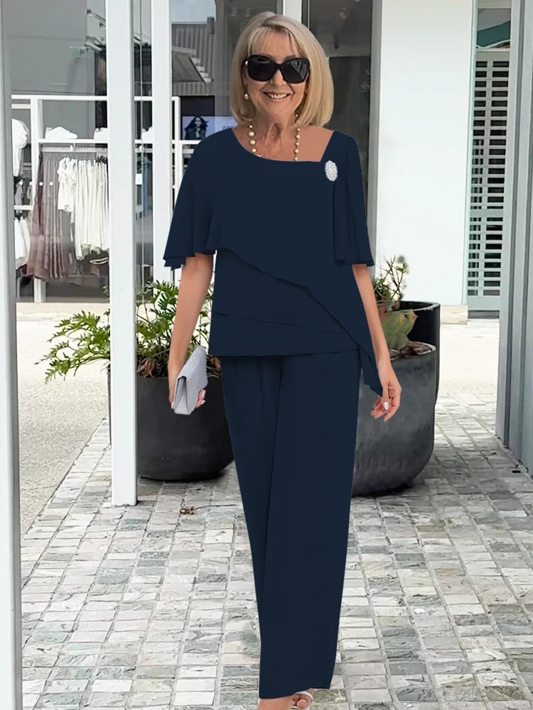 2Pcs Half-sleeve Beaded Top and Trouser Set