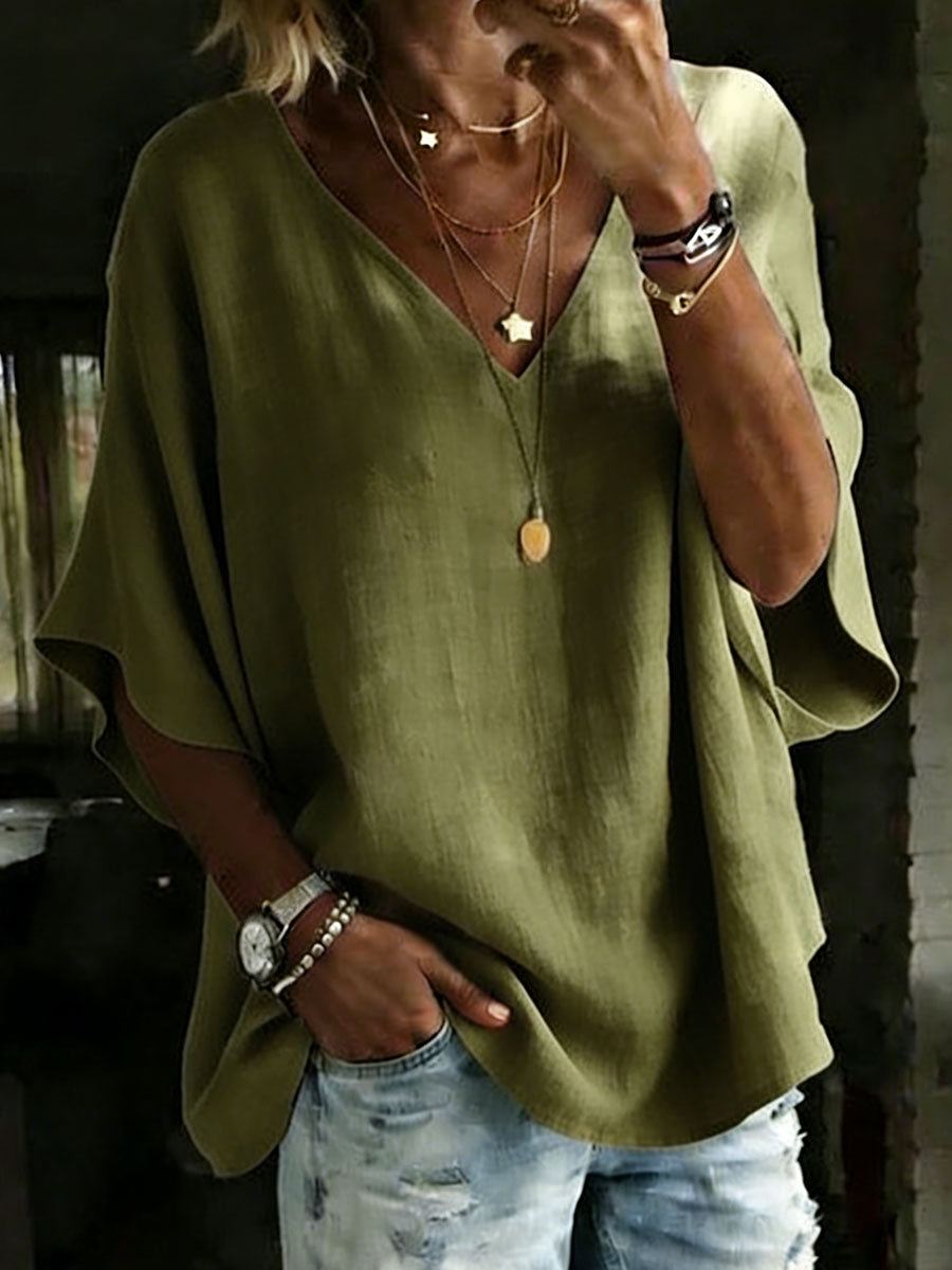 Women's 100% Cotton Classic Loose Fit V Neck Dolman Sleeve T-shirt