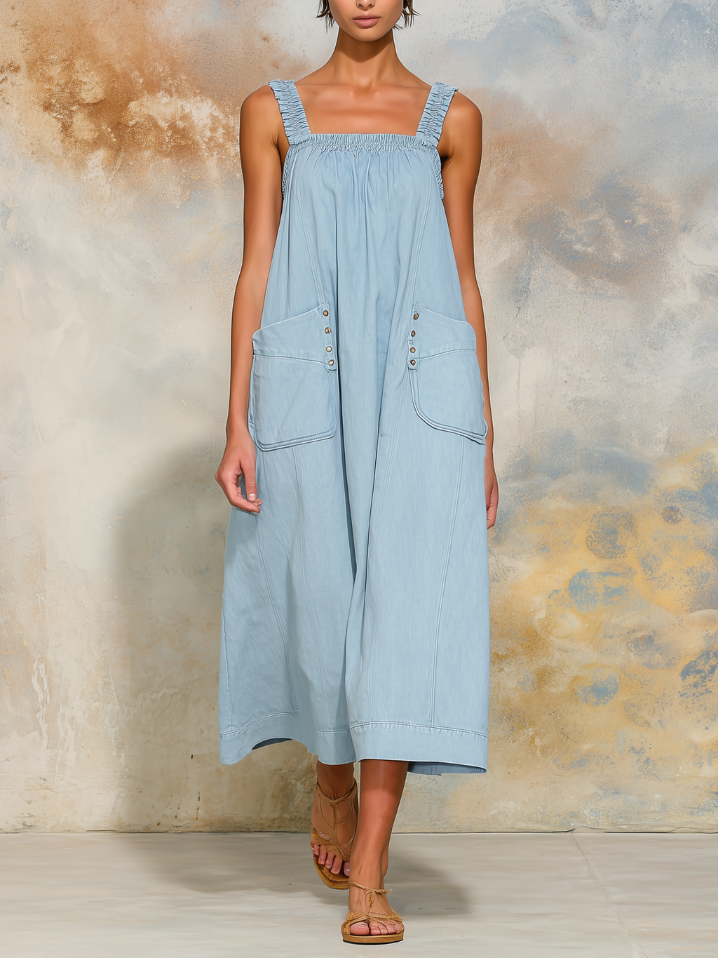 Square Neck Ruffle Strap Denim Culotte Jumpsuit