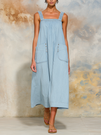 Square Neck Ruffle Strap Denim Culotte Jumpsuit