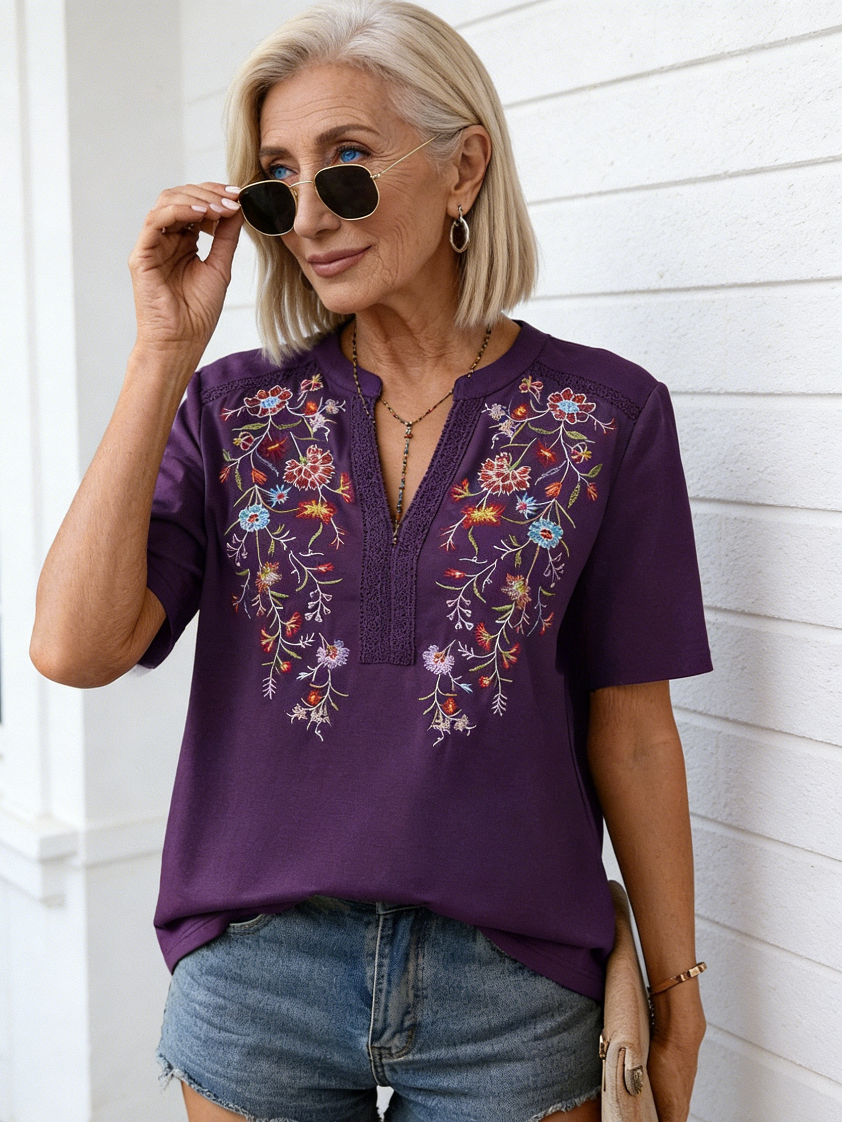 Embroidery Fashion 10,000 Needles Embroidery Splicing Lace Lace Top Women's T