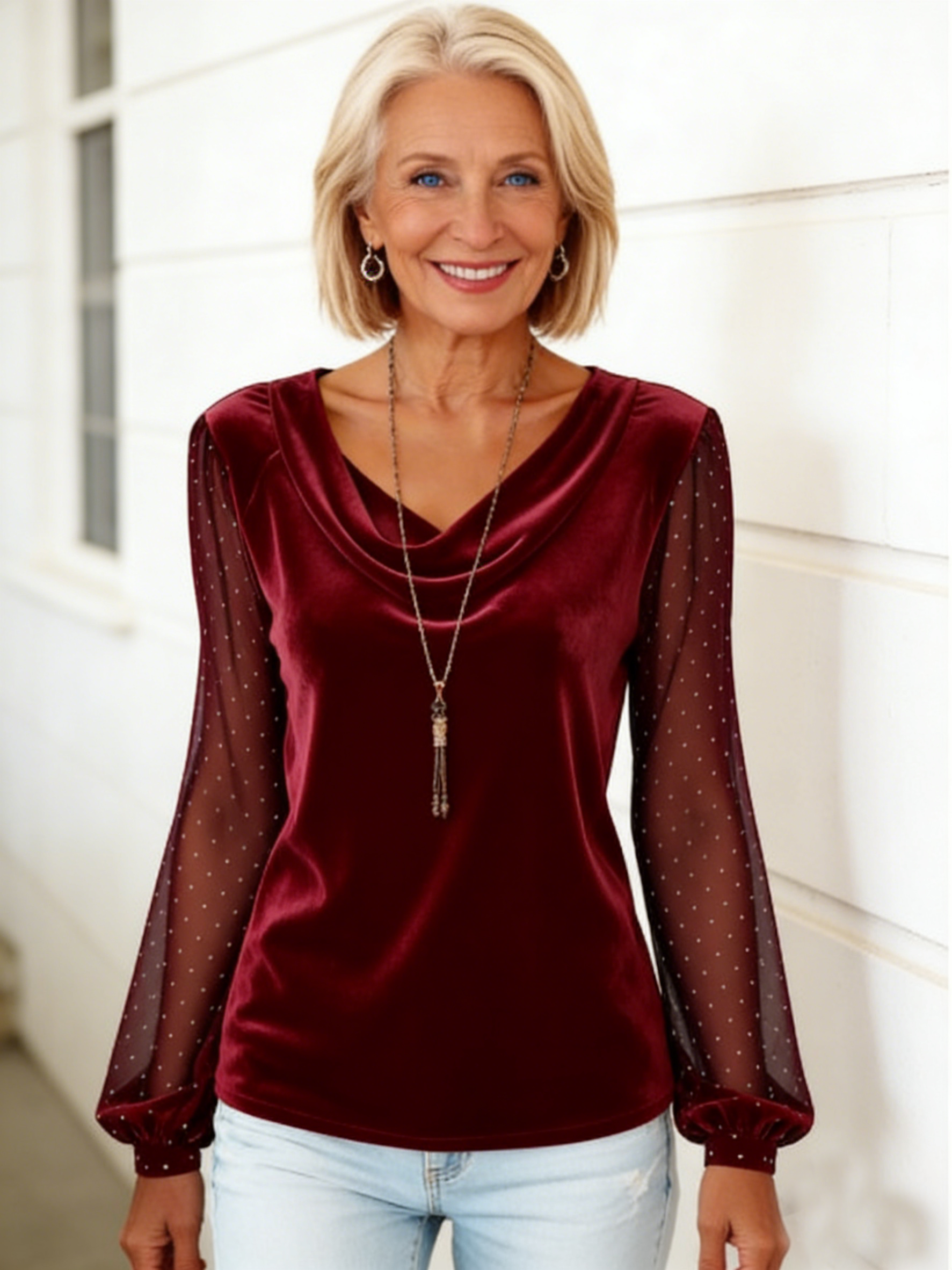 Solid Color V-neck Mesh Hot Diamond Long-sleeved T-shirt