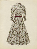 Midi Linen Dress, Long Sleeves, Shawl Collar, Floral, Belt Design, Vintage, Apricot