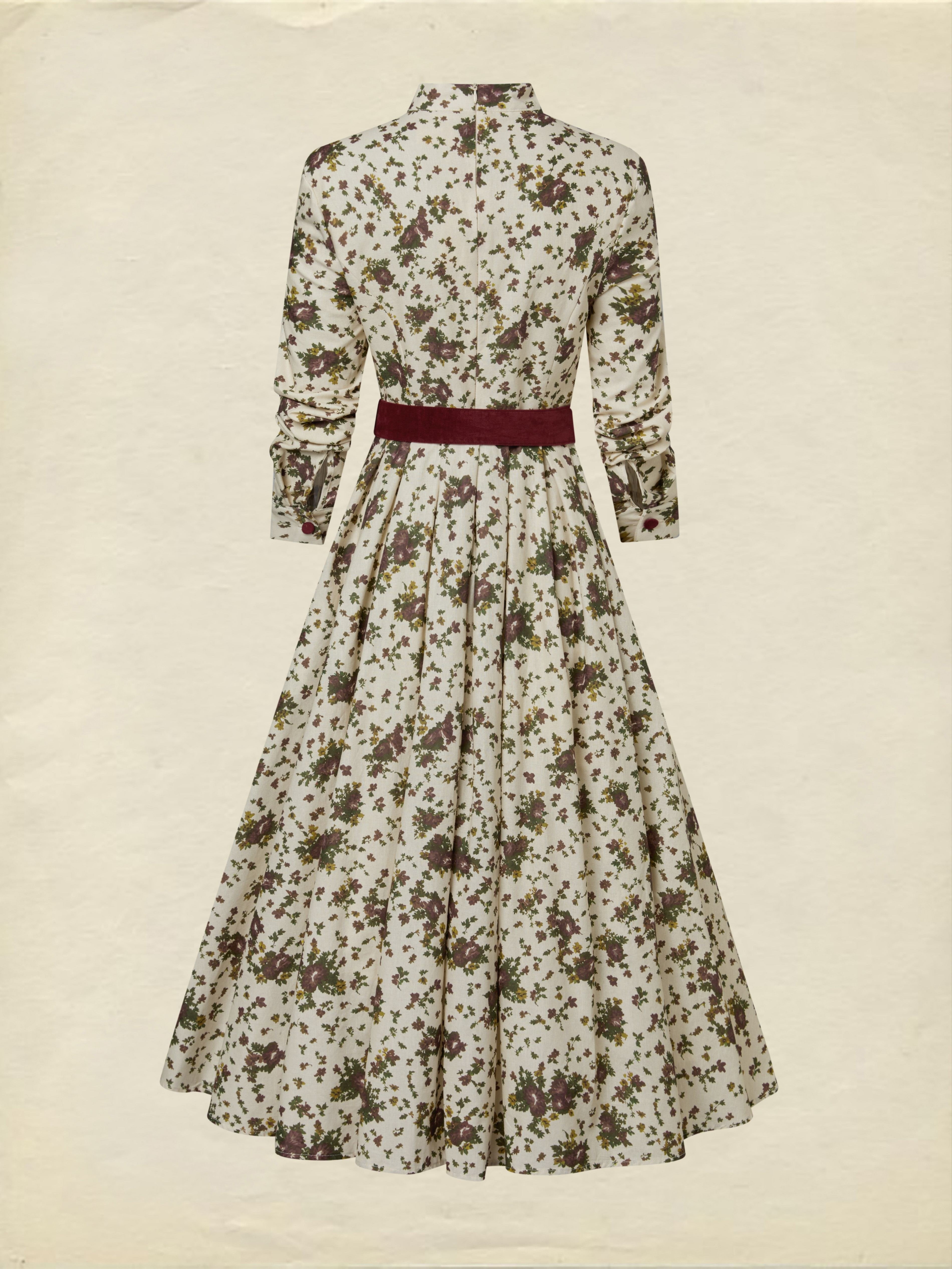 Midi Linen Dress, Long Sleeves, Shawl Collar, Floral, Belt Design, Vintage, Apricot