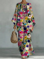 Women's Vintage Floral Art Comfortable Loose Cotton Linen Wide-leg Pants Two-piece Set