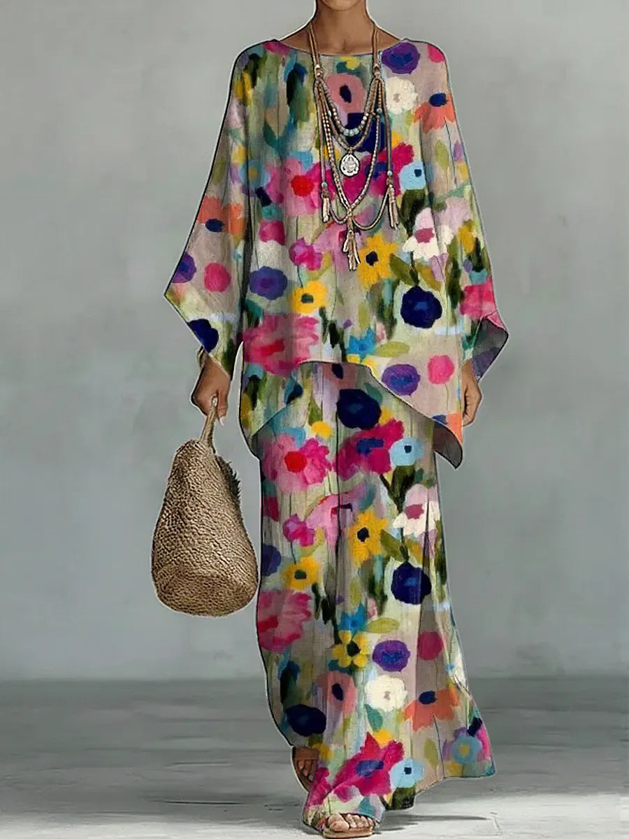 Women's Vintage Floral Art Comfortable Loose Cotton Linen Wide-leg Pants Two-piece Set