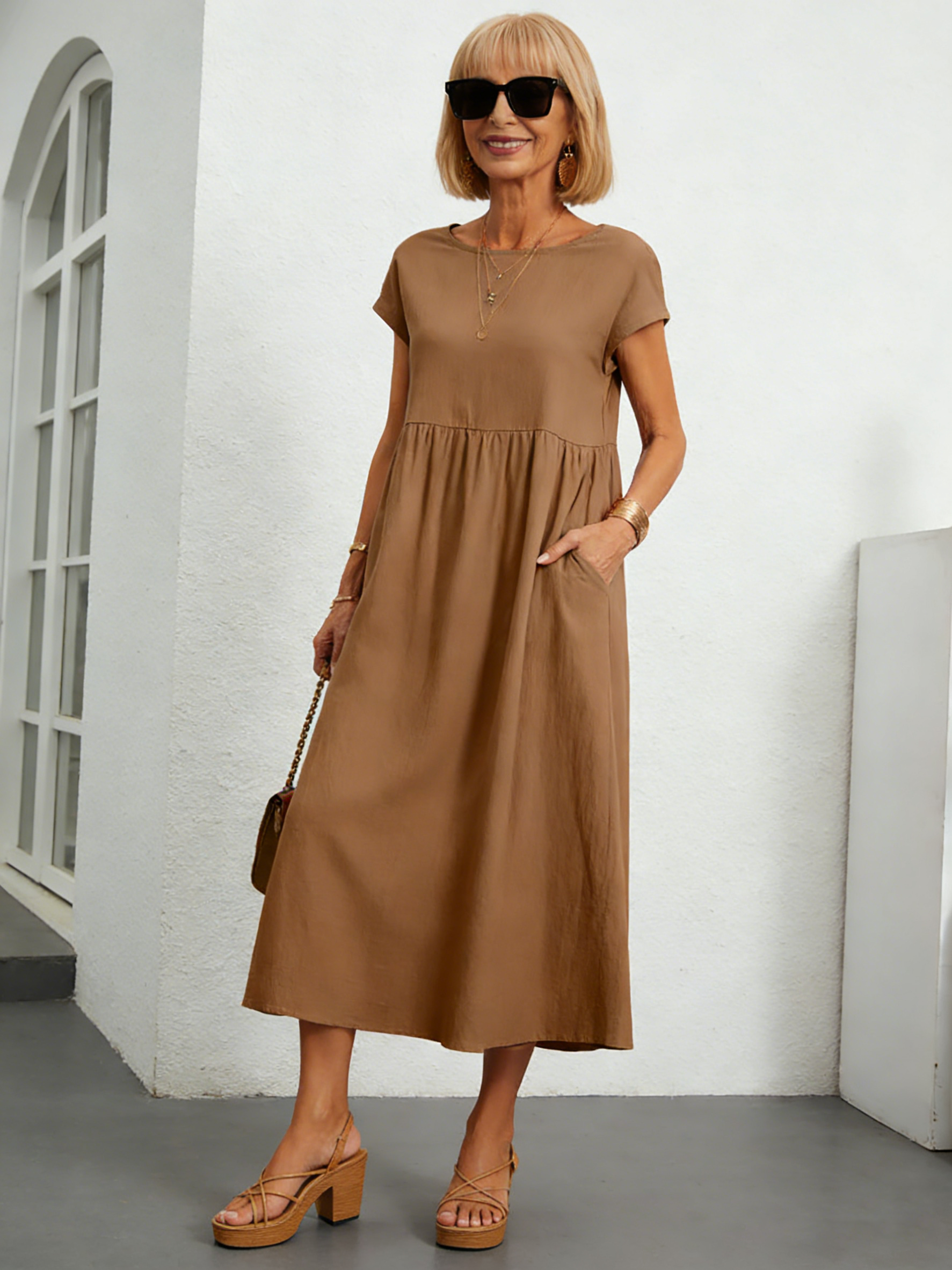 Solid Color Linen Round Neck Fitted Dress