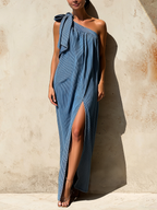 Blue Striped Denim One Shoulder Maxi Dress