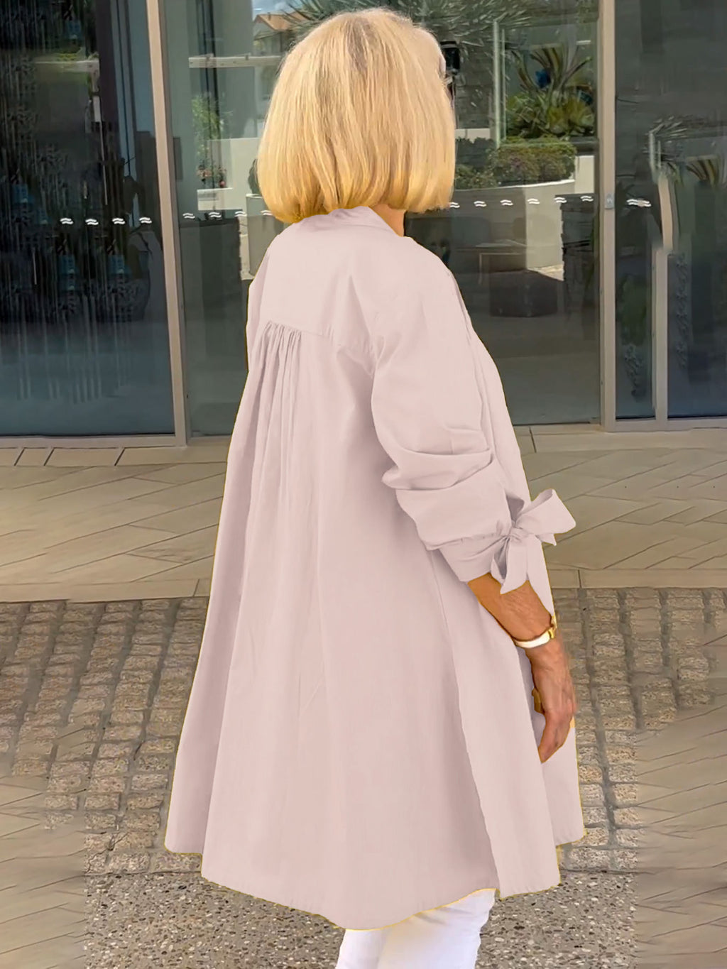 Stand Collar Long Cotton Shirt Jackets Women Swing Shap Flattering Gathered Yolk At The Back