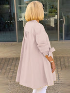 Stand Collar Long Cotton Shirt Jackets Women Swing Shap Flattering Gathered Yolk At The Back