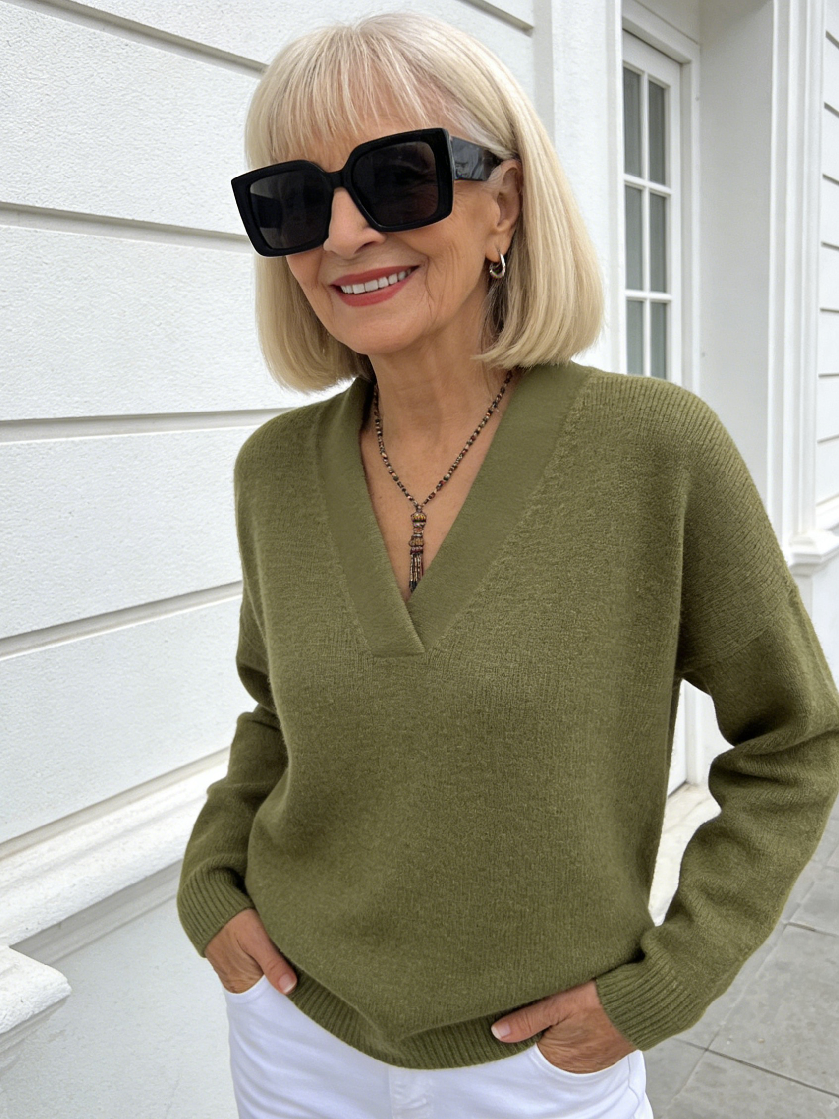 Knitted V-neck Loose Sweater Fall and Winter Solid Color Casual Fashion Women's Knitwear