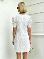 Bubble Sleeve Textured Jacquard Crew Neck Vintage Style Dress