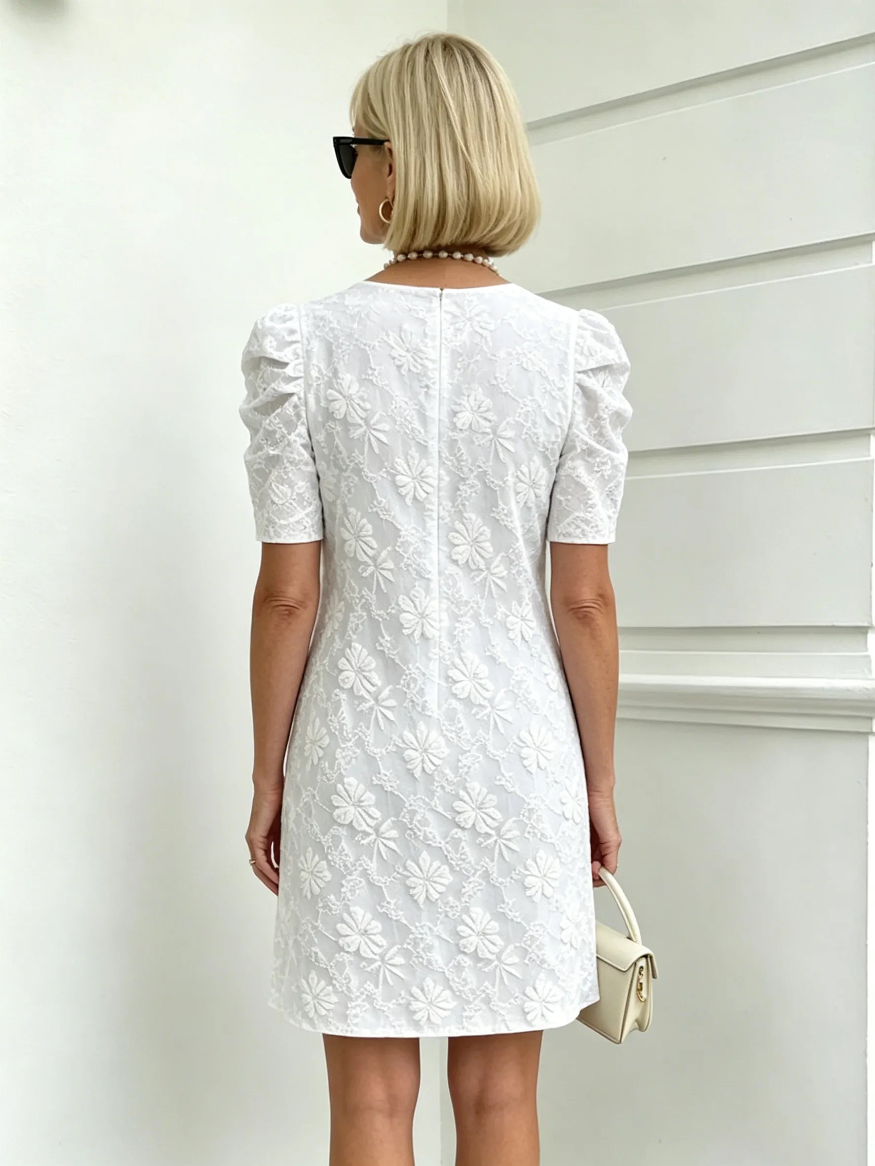 Bubble Sleeve Textured Jacquard Crew Neck Vintage Style Dress