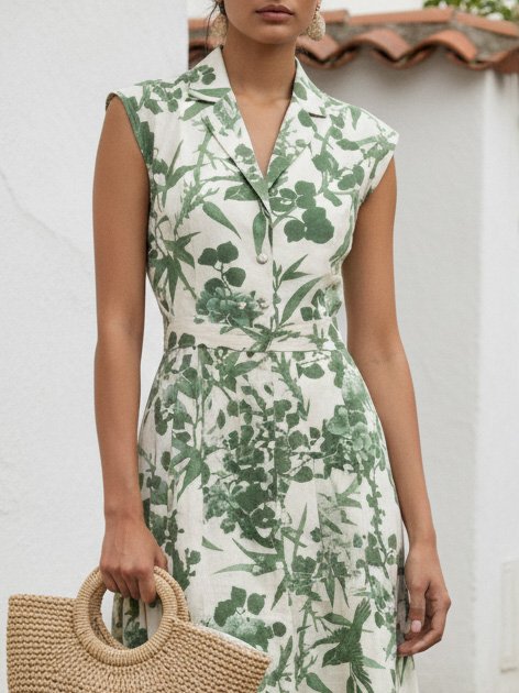 Maxi Linen Dress, Sleeveless, Shawl Collar, Floral, Vintage, Green