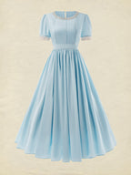 Cotton Maxi Dress, Vintage, Plain, Summer, Lace Collar, Short Sleeve, Blue