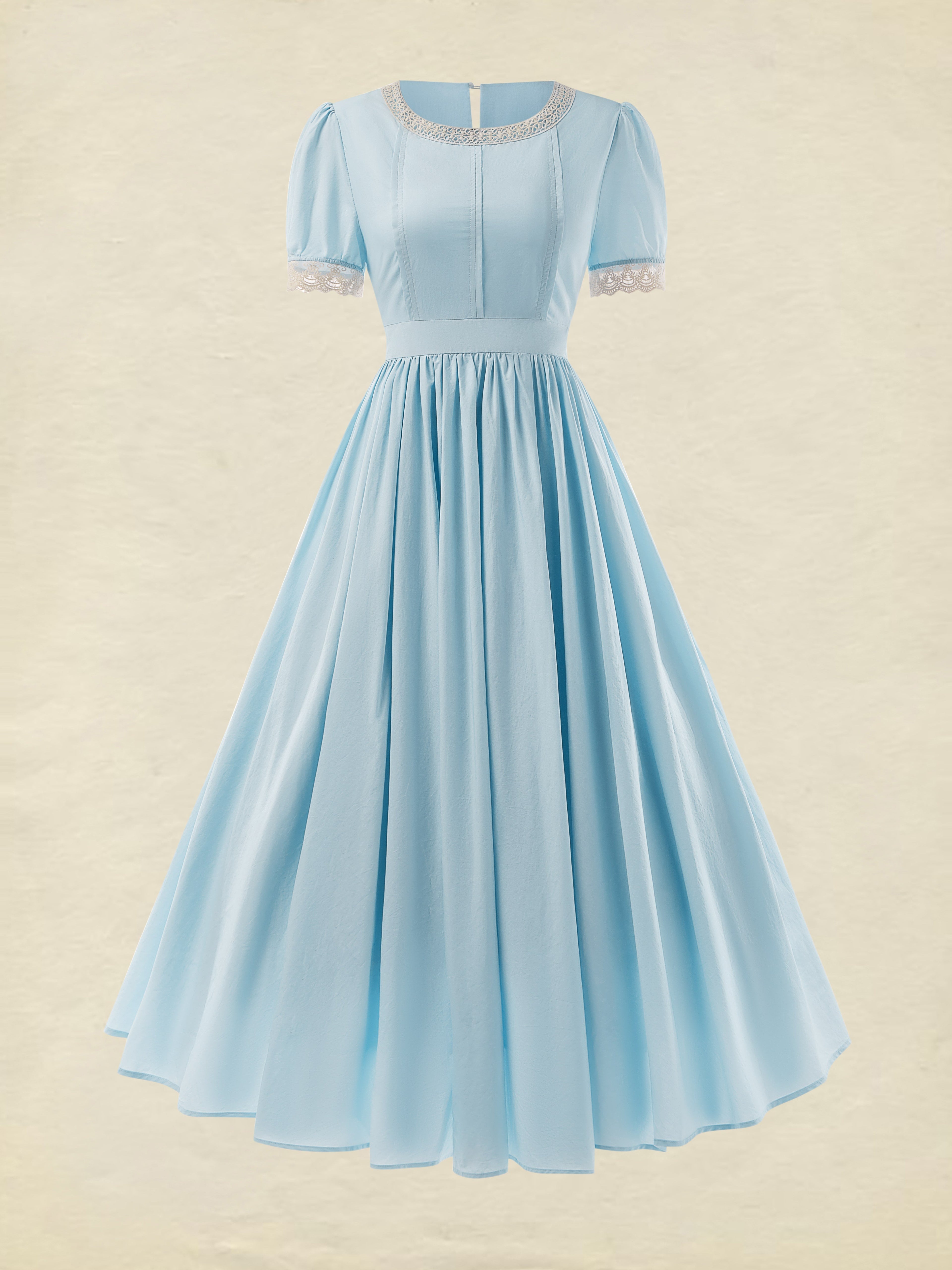 Cotton Maxi Dress, Vintage, Plain, Summer, Lace Collar, Short Sleeve, Blue