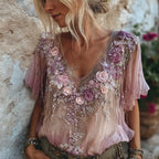 Vintage Purple Rose Embroidered Linen Short Sleeve V-neck Top