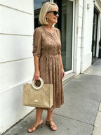 Coffee Brown Floral Print Midi Dress, Split Neck Button Front Ruffle 3/4 Sleeve Tie Waist Slimming Dress for Mature Women