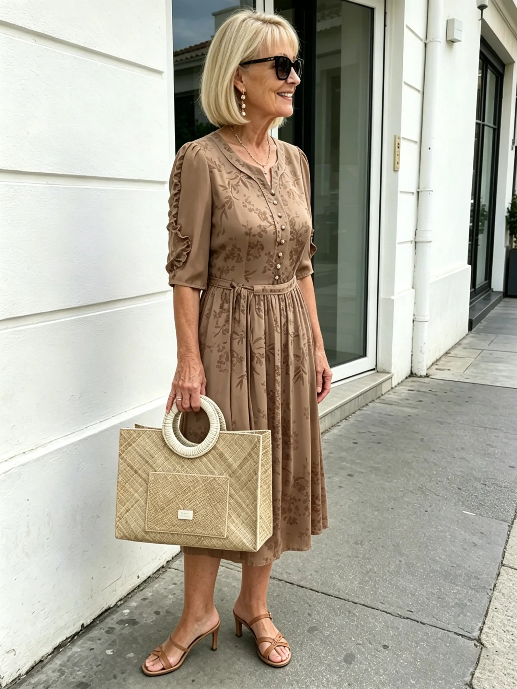 Coffee Brown Floral Print Midi Dress, Split Neck Button Front Ruffle 3/4 Sleeve Tie Waist Slimming Dress for Mature Women