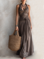 Bohemian Brown Pleated Halter Neck Maxi Dress