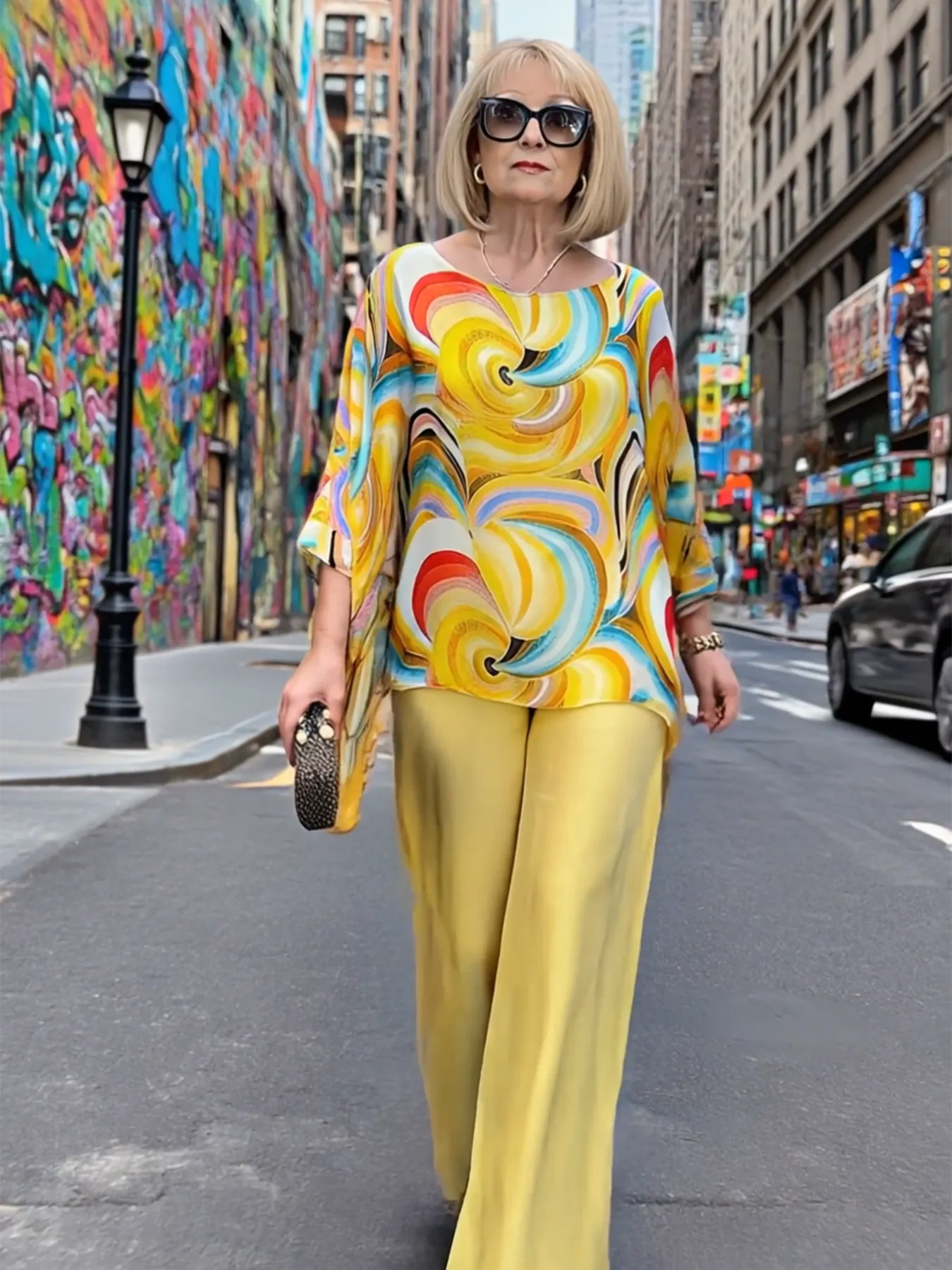2Pcs Color Chiffon Set Casual Crew Neck Printed Two-piece Set Women