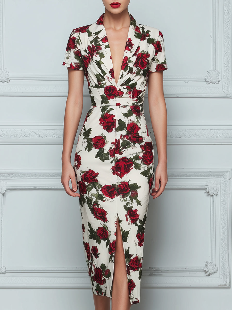 Deep V-Neck Floral Print Tailored Sheath Midi Dress