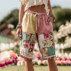 Women's Bohemian Patchwork Rose Contrast Belt Pocket Shorts