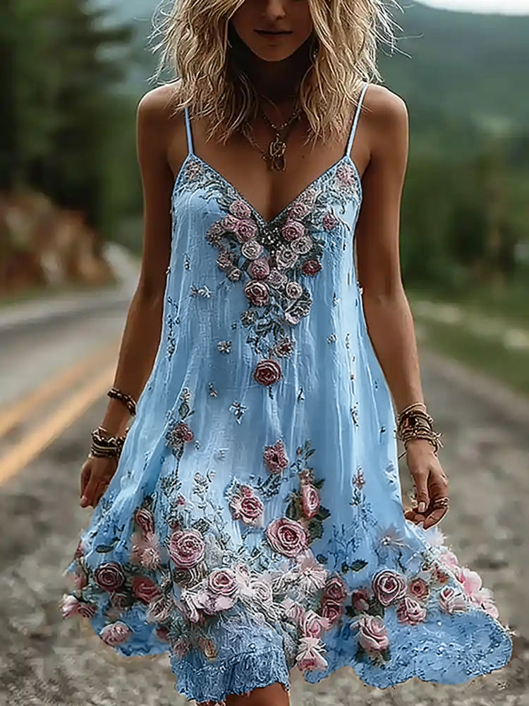 Vintage Boho Floral Embroidery Art Linen Mini Caimi Dress