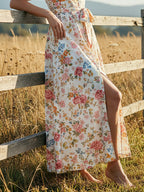Maxi Linen Dress, Half Sleeve, V Neck, Floral, Button-decorated, Vacation, Vintage, White