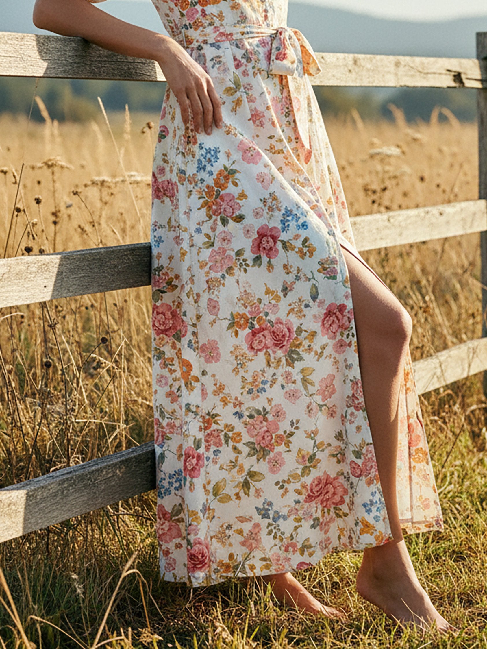 Maxi Linen Dress, Half Sleeve, V Neck, Floral, Button-decorated, Vacation, Vintage, White