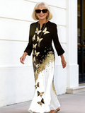 Butterfly Print Long-sleeved Dress Pocket Temperament Round Neck Suspender A-shaped Long Dress