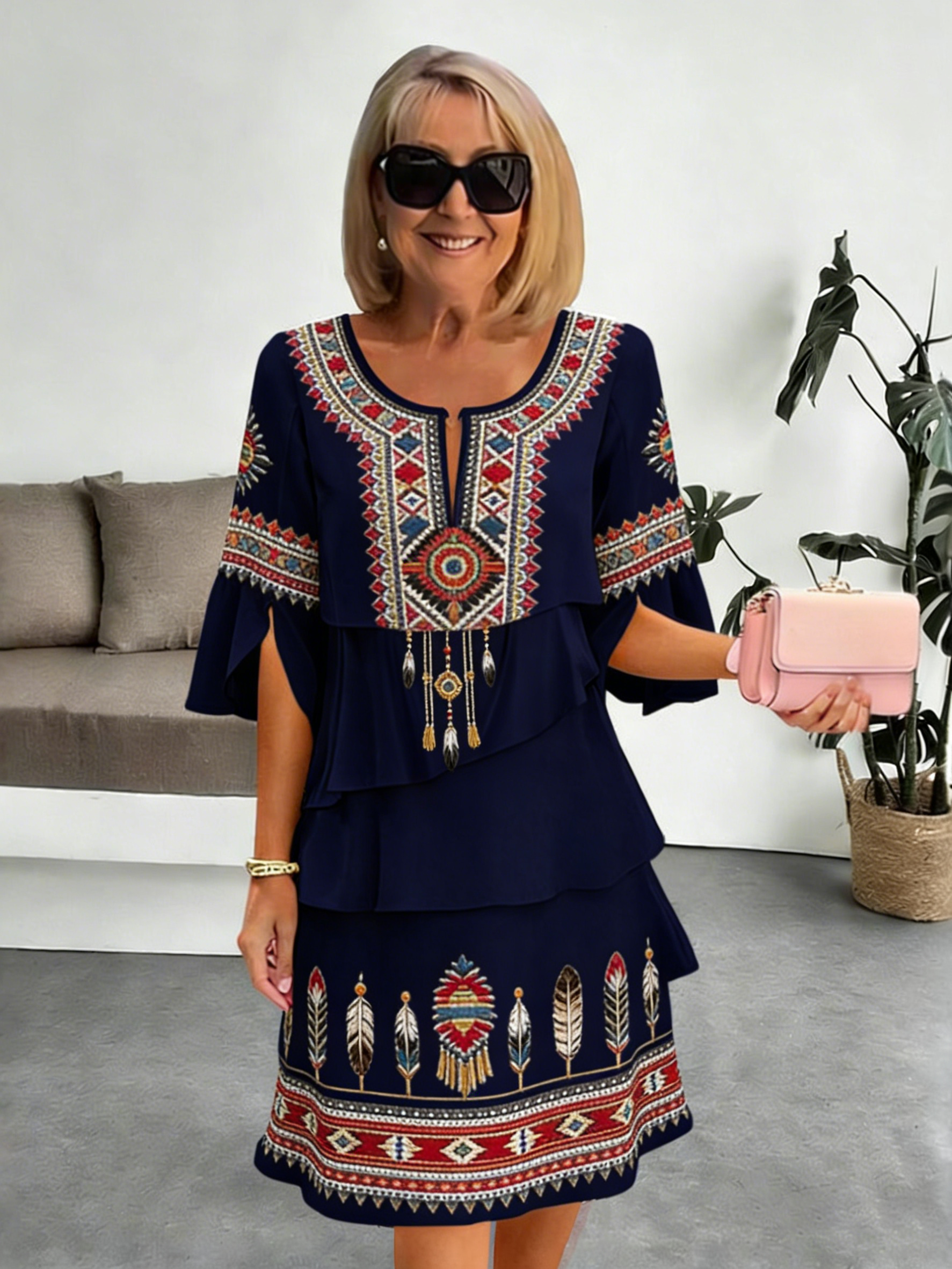 Chiffon Vacation Prints Color Round Neck Cake Skirt Splicing Dress Mid-length