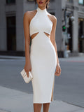 Halter Cut-Out Waist Structured Pencil Midi Dress