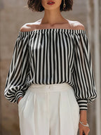 Chic Off-the-Shoulder Striped Blouse & High-Waisted Tailored Trousers Set
