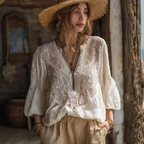 Bohemian Style Women's Vacation Casual Lace Cotton Linen V-neck Top