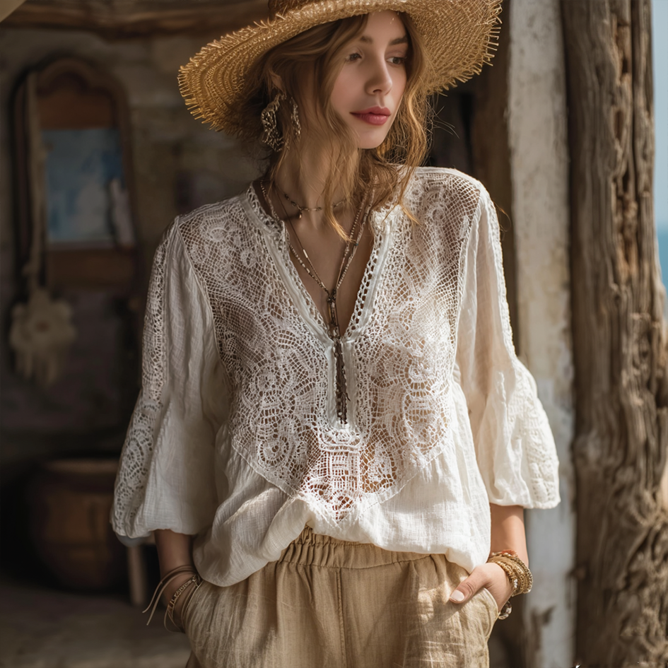 Bohemian Style Women's Vacation Casual Lace Cotton Linen V-neck Top