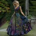 Vintage Classy Gradient Purple Peacock And Floral Embroidered  Sleeveless V Neck Maxi Dress